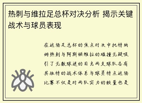 热刺与维拉足总杯对决分析 揭示关键战术与球员表现 热刺与维拉足总杯对决分析 揭示关键战术与球员表现