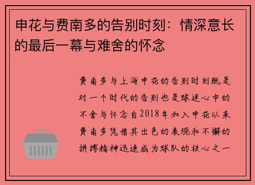 申花与费南多的告别时刻：情深意长的最后一幕与难舍的怀念